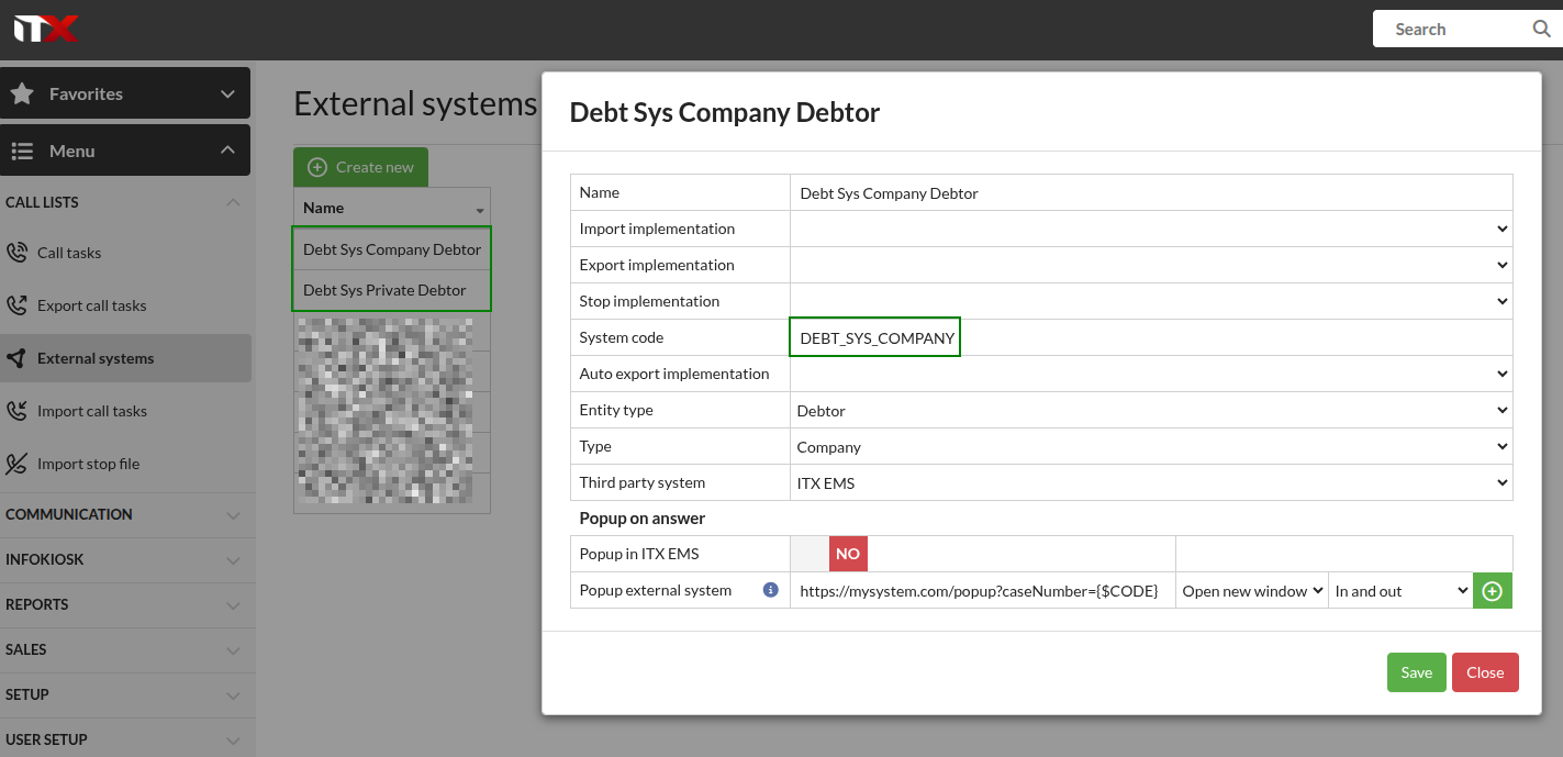External system setup in ITX, showing system code and popup URL fields