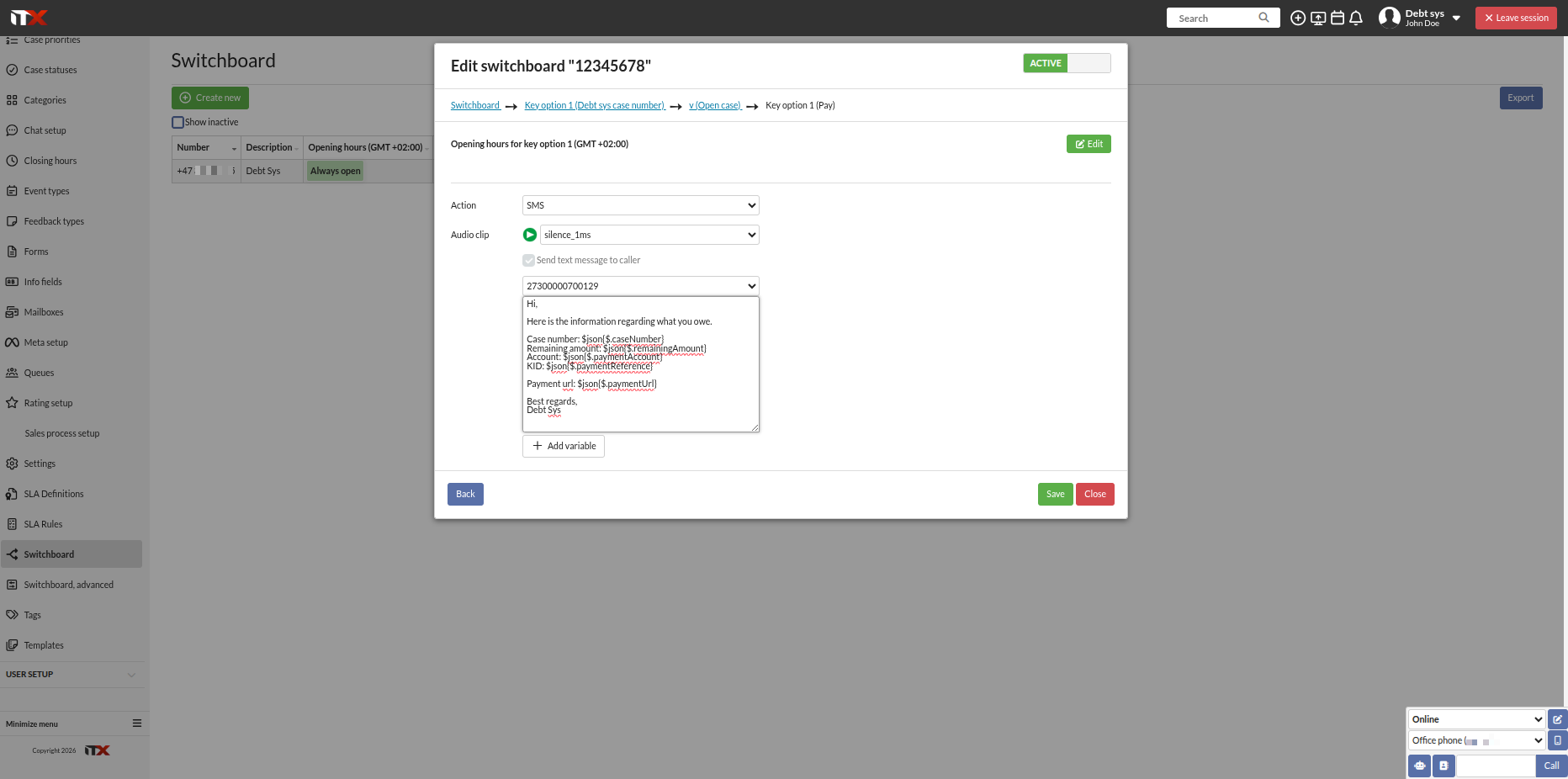  SMS with values from the case info response